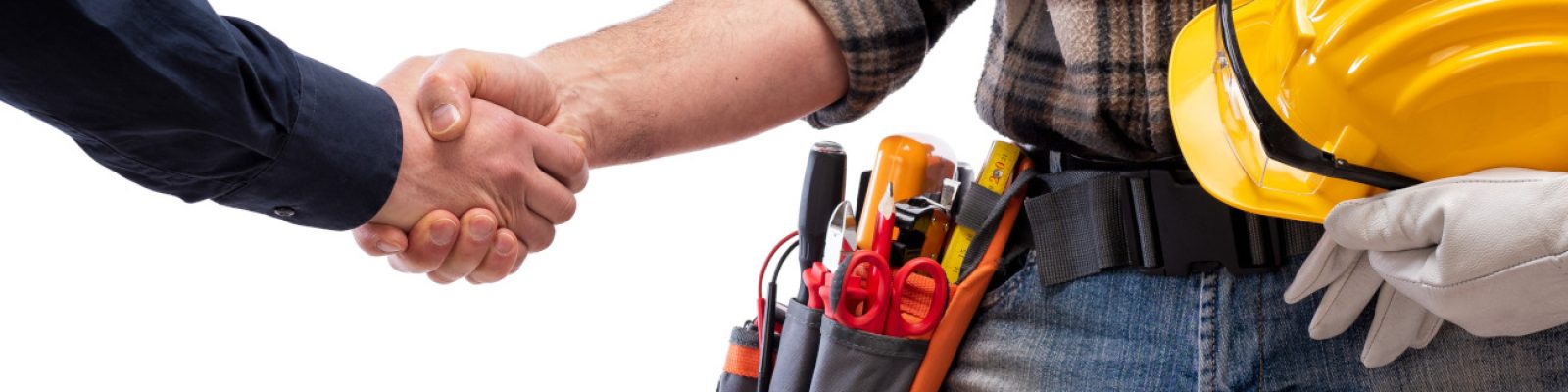 Close-up of a handshake of the electrician carpenter holding helmet and protective goggles in hand. Construction industry, electrical system. Isolated on a white background.